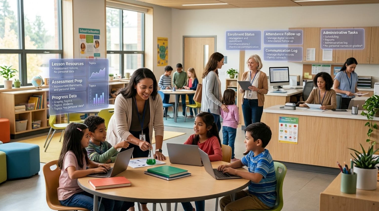 Schools and education environment with teacher guiding students, classroom learning, enrollment and attendance support, and school administration coordination