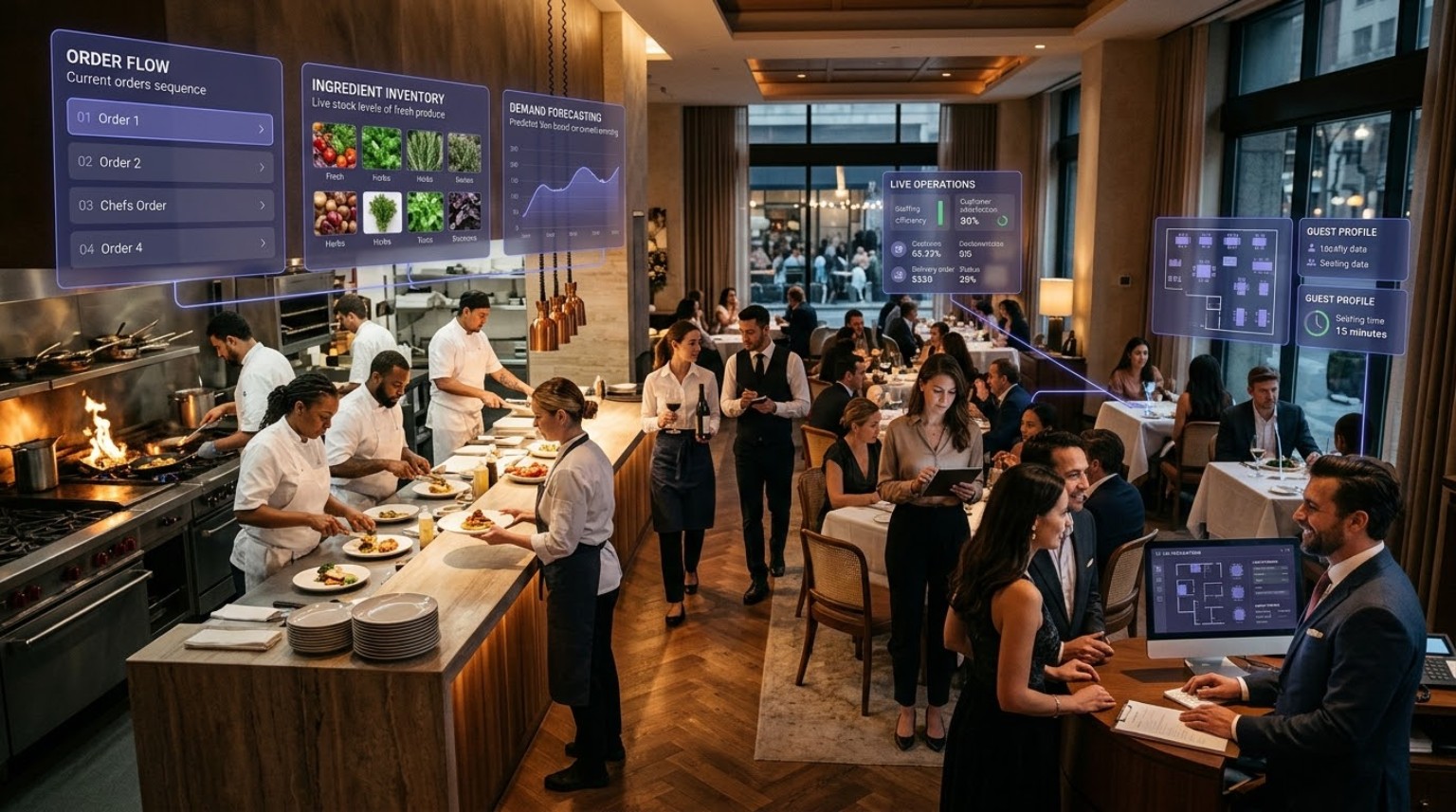 Premium restaurant and café scene with dining room, open kitchen, host stand, live operations, ingredient inventory and demand forecasting support