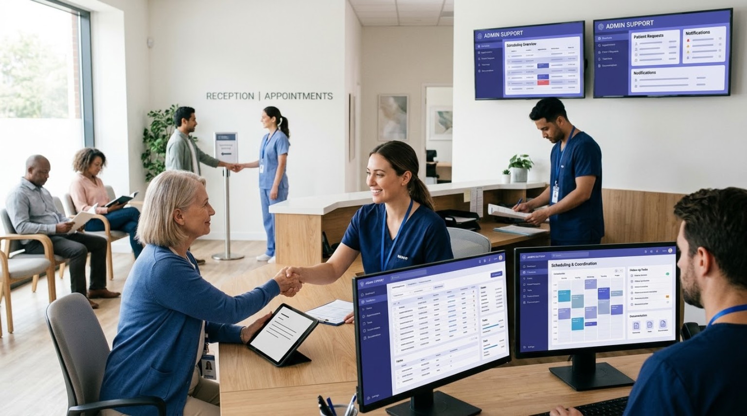 Clinic and healthcare reception with staff coordinating appointments, admin support, patient requests and scheduling while welcoming patients