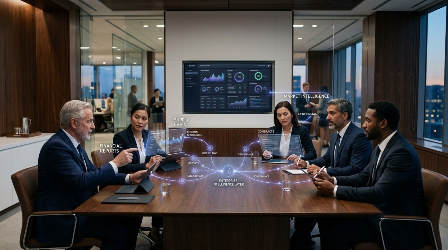 Enterprise leadership team in a boardroom with AI-assisted enterprise intelligence connecting finance, supply chain, contracts, compliance, governance and performance
