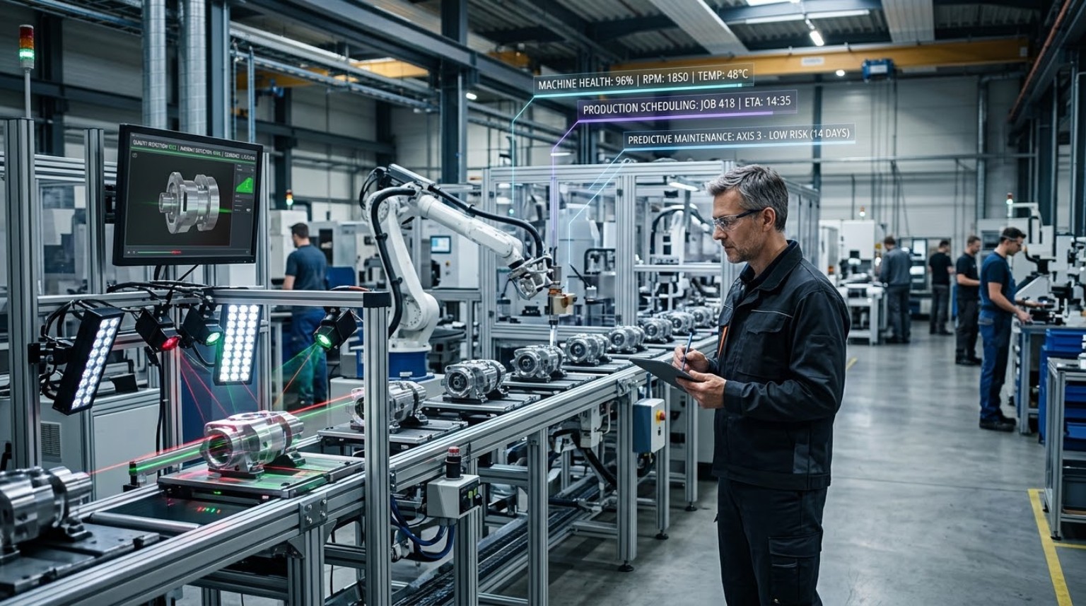 Manufacturing and industry production line with engineer oversight, computer-vision inspection, machine health monitoring and predictive maintenance