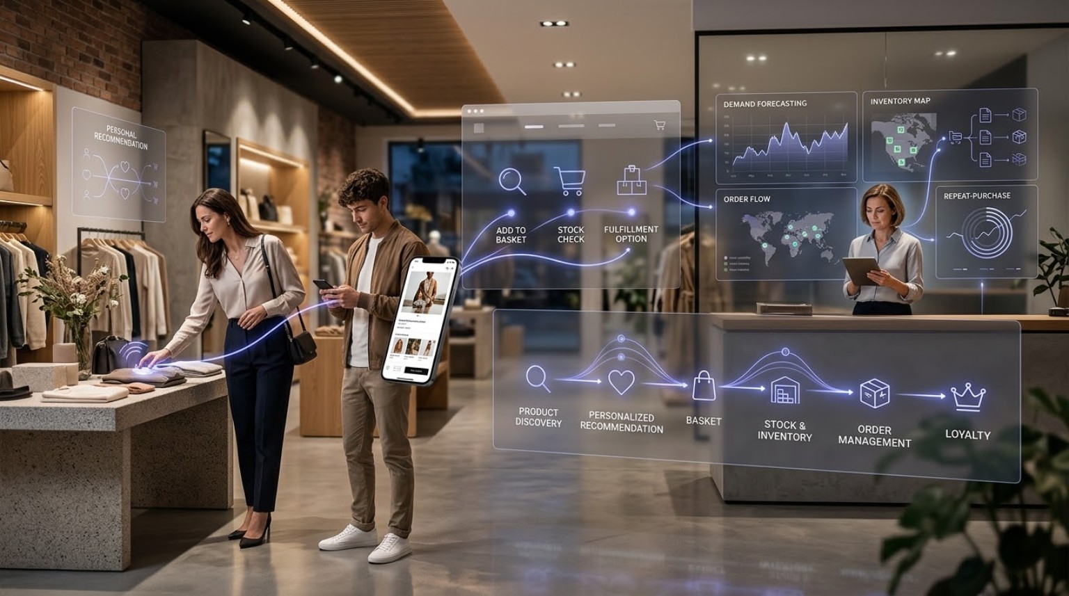 Retail and e-commerce scene with shoppers in a modern store, mobile shopping, inventory intelligence, fulfillment flow and loyalty analytics