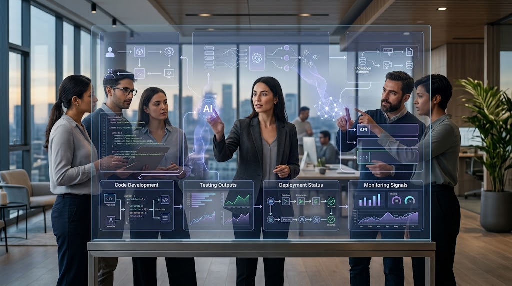 Product and engineering team collaborating around AI-enabled architecture, code development, testing outputs, deployment status and monitoring signals