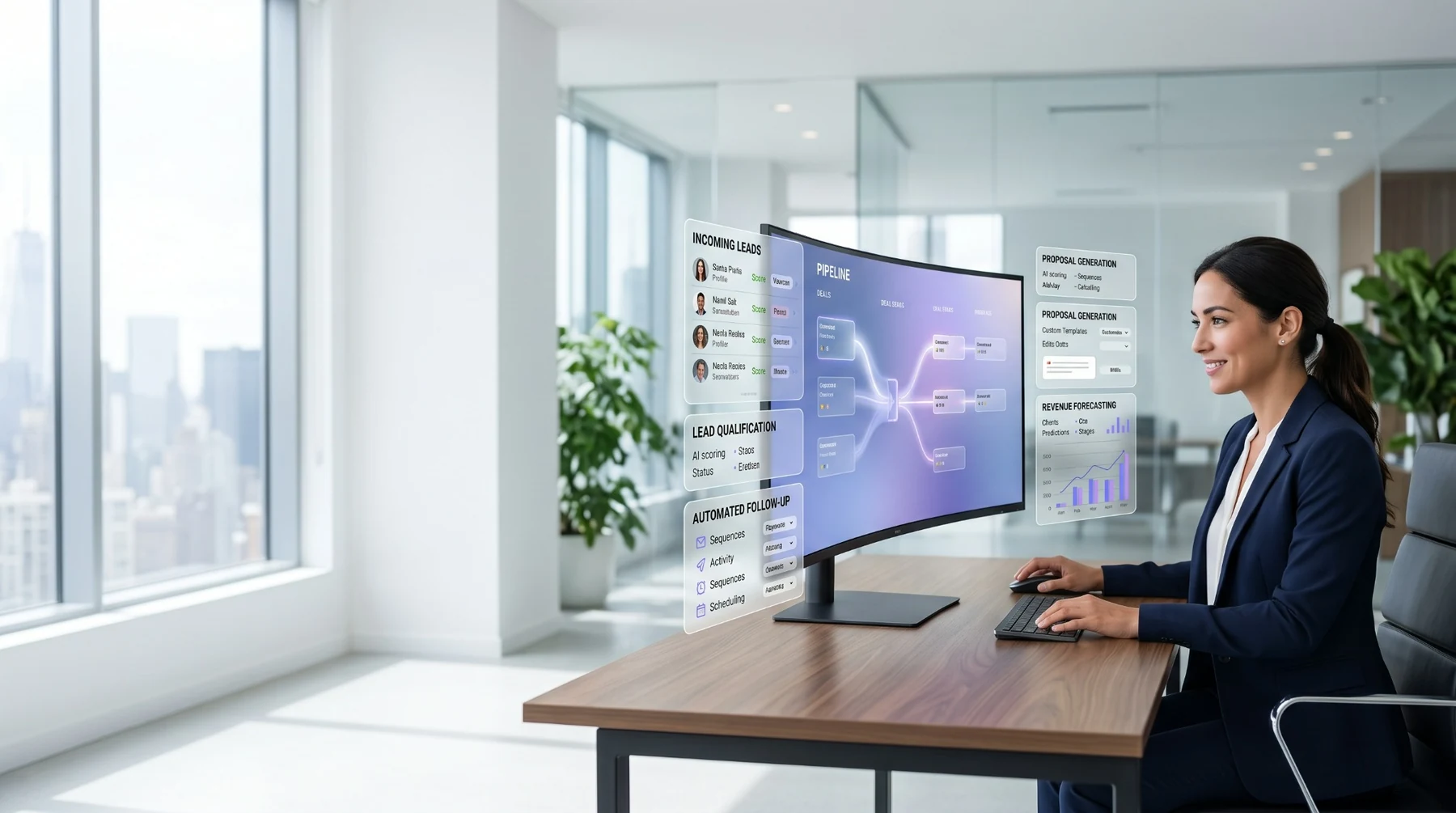 AI-assisted sales workflow showing incoming leads, qualification, follow-up, proposal generation and revenue forecasting