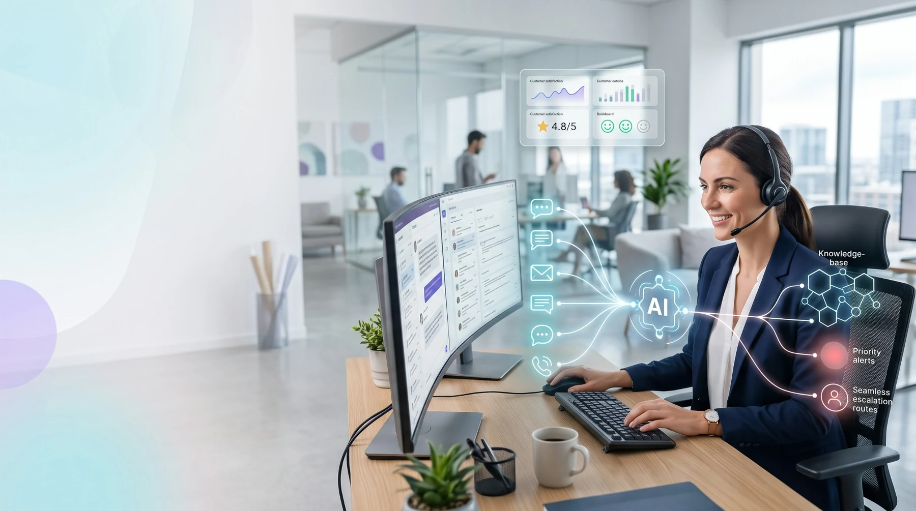 AI-assisted customer support workspace with omnichannel conversations, knowledge base, alerts and human escalation