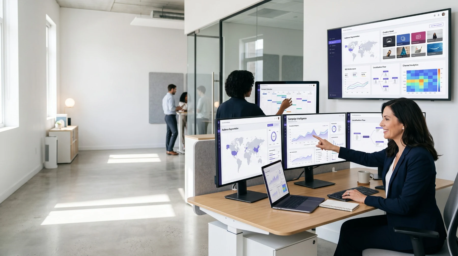 AI marketing operations workspace with audience segmentation, content calendar, campaign analytics and localization