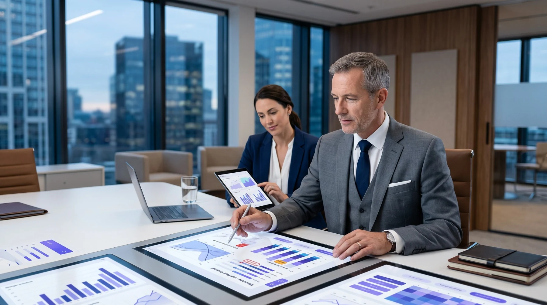 Finance leaders reviewing AI-assisted analytics, forecasts, scenarios and management reporting