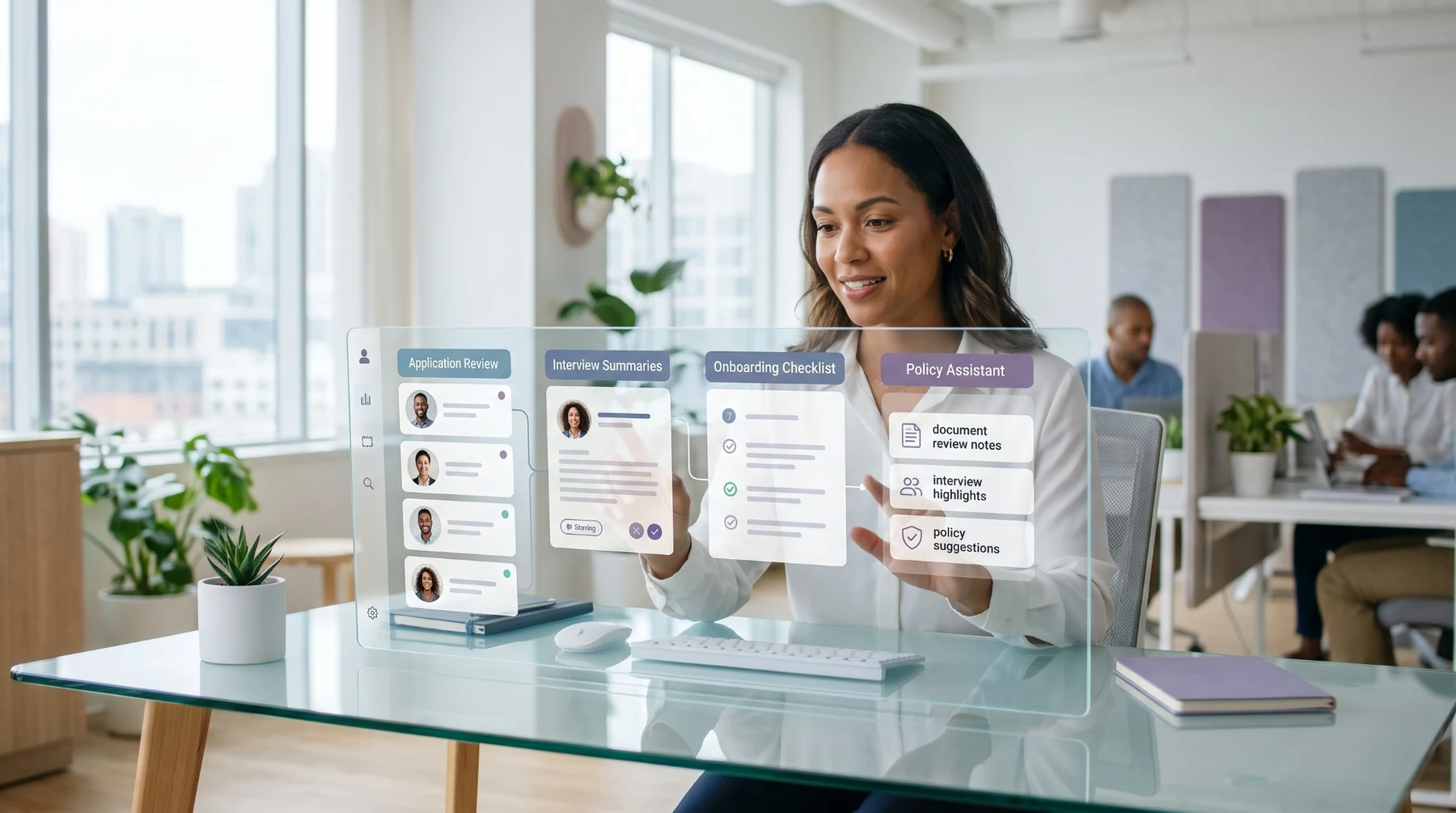 Recruiter using AI-assisted application review, interview summaries, onboarding checklist and policy guidance