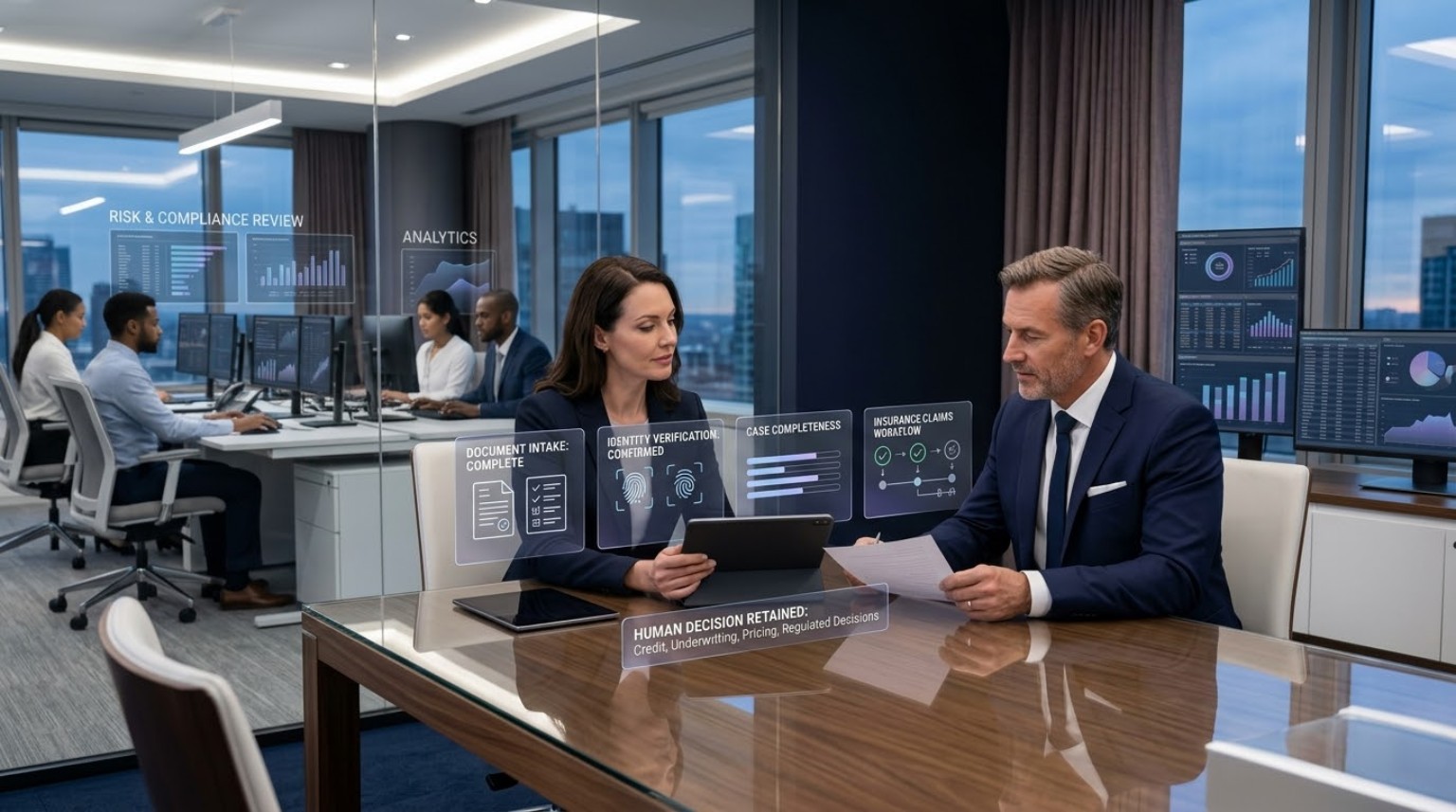 Banking and insurance team reviewing compliance, analytics, document intake, identity verification, and claims workflow with human decision oversight