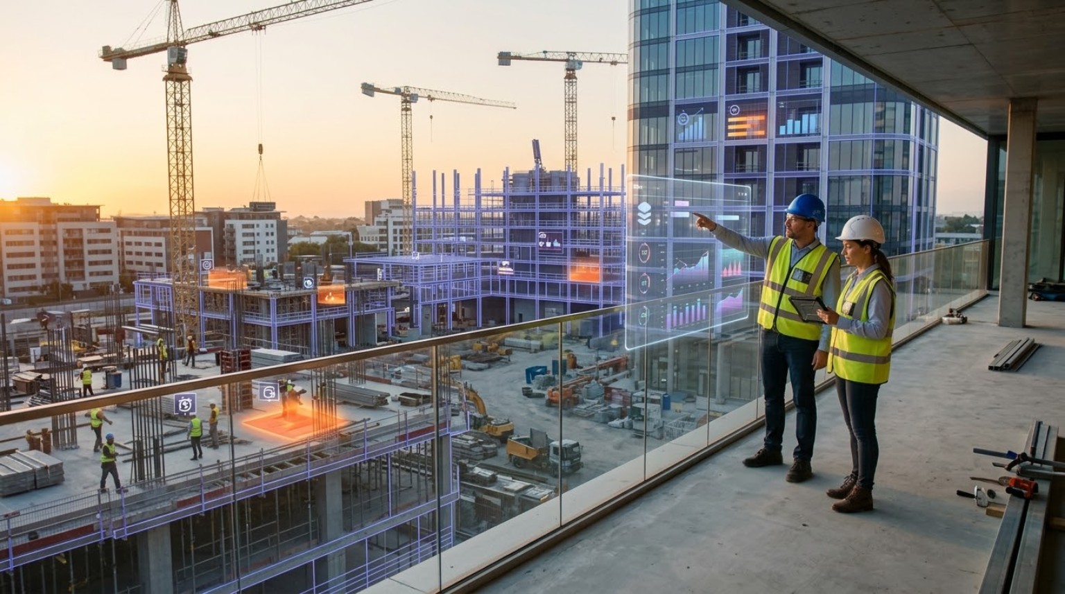 Construction and real estate development team reviewing project progress, site analytics, and digital planning overlays from an active building site
